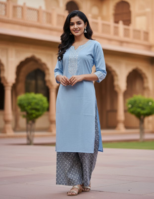 Boho Boutique Women Chikan Embroidery A-line Kurta(Blue)