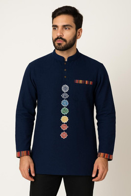 Aadhya designers Men Printed Straight Kurta(Dark Blue)