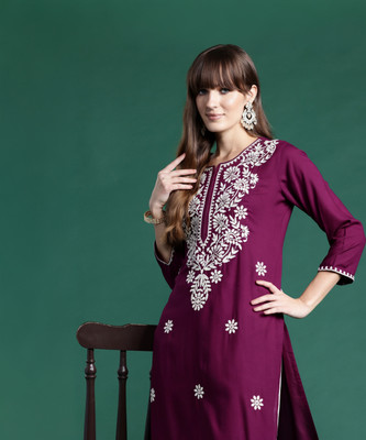 Indo Era Women Embroidered Straight Kurta(Purple)