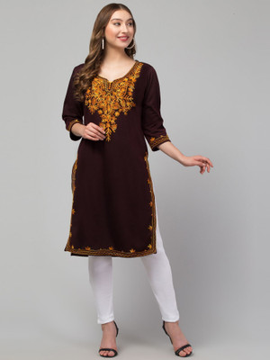 CROWN KING GARMENTS Women Embroidered Straight Kurta(Black, Yellow)