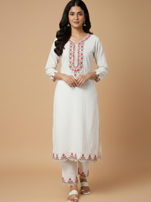 noorr Women Embroidered, Floral Print, Striped Ethnic Dress Kurta(White)