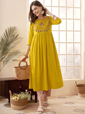ANOUK Women Embroidered Anarkali Kurta(Yellow)