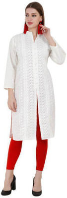 manra Women Chikan Embroidery Straight Kurta(White)