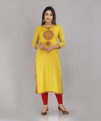 STYLE ANGEL Women Embroidered Straight Kurta(Yellow)