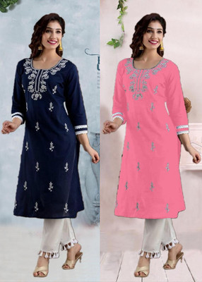 SISTO Women Chikan Embroidery A-line Kurta(Blue, Purple)
