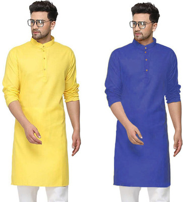 OORA TREND Men Solid Straight Kurta(Yellow, Blue)