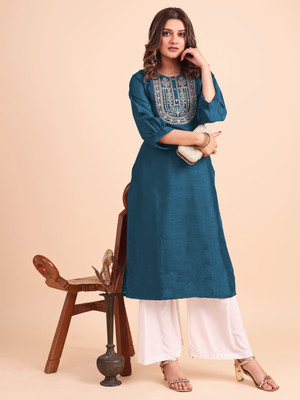 yeoja creation Women Embroidered Straight Kurta(Light Blue)