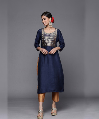 Indo Era Women Embellished Straight Kurta(Dark Blue)