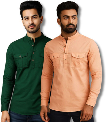 ClothTheory Men Solid Straight Kurta(Green, Orange)