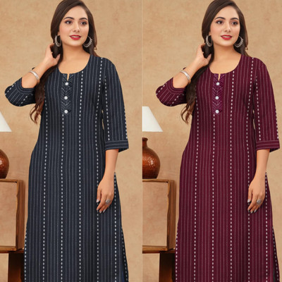 RUMI TEXTILE Women Striped A-line Kurta(Maroon, Dark Blue)