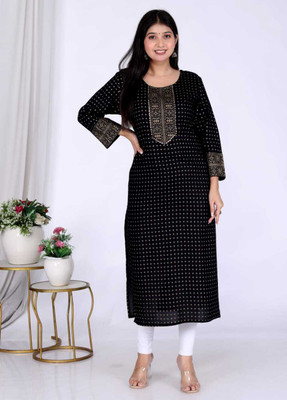 MFFabric Women Printed Straight Kurta(Black)