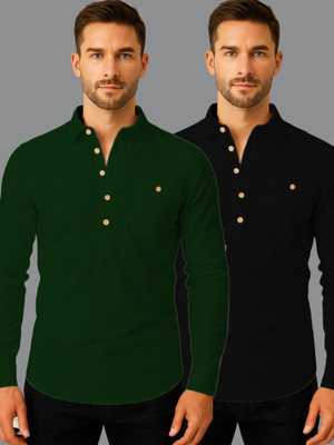 indirae Men Solid A-line Kurta(Green)
