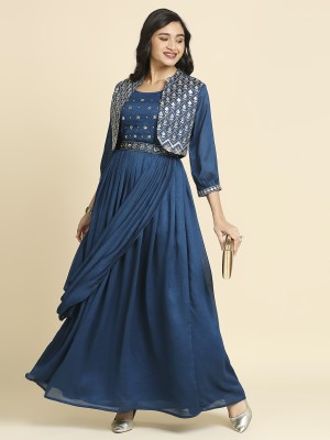 Madhuram Women Embroidered Gown Kurta(Blue)