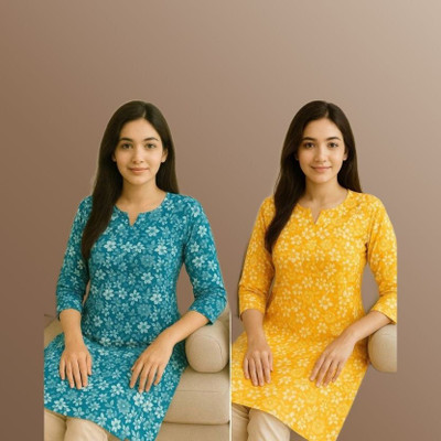 ssf Women Printed Straight Kurta(Blue, Yellow)