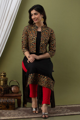 Zyla Women Printed Straight Kurta(Black)