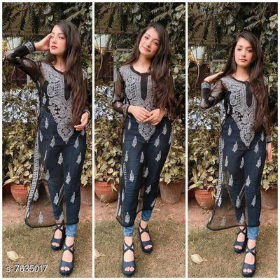 FS FASHION Women Chikan Embroidery Straight Kurta(Black)