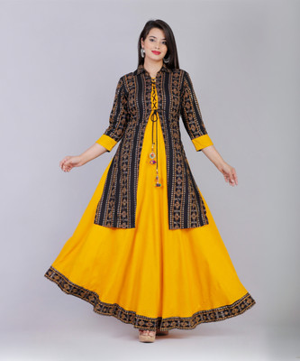 DSS FASHION Women Printed Anarkali Kurta(Yellow, Black)