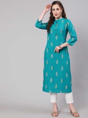 Nehamta Women Floral Print Straight Kurta(Blue)