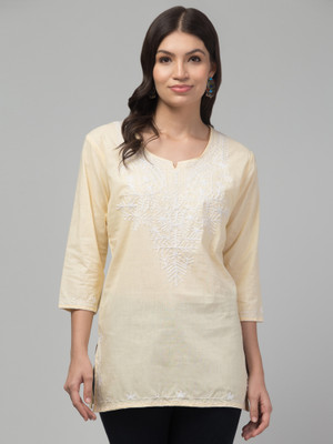 FamBee Women Embroidered Straight Kurta(Beige)