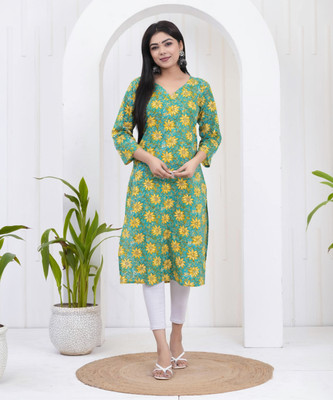 Lamenda Women Floral Print A-line Kurta(Green)