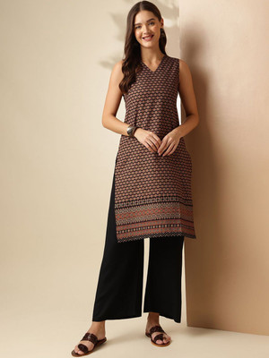 ANOUK Women Floral Print Straight Kurta(Black)