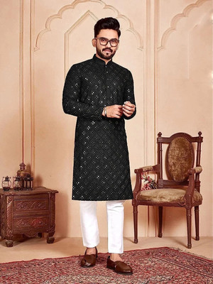 Nellist Men Embroidered Straight Kurta(Black)