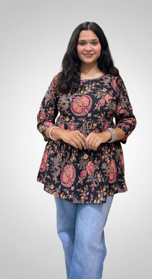 SATITHREADS Women Floral Print, Printed Tunic Kurta(Black)