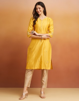 Fabindia Women Embroidered Straight Kurta(Yellow)