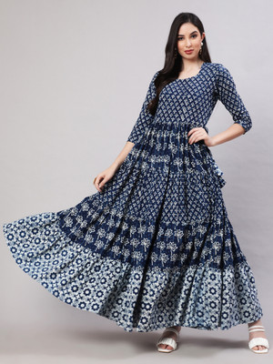 GLAM ROOTS Women Floral Print Flared Kurta(Blue)