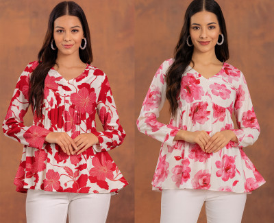 CLANGER Women Floral Print Flared Kurta(White)