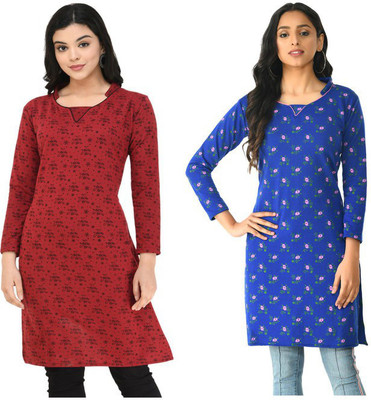 IndiWeaves Women Floral Print A-line Kurta(Maroon, Blue)