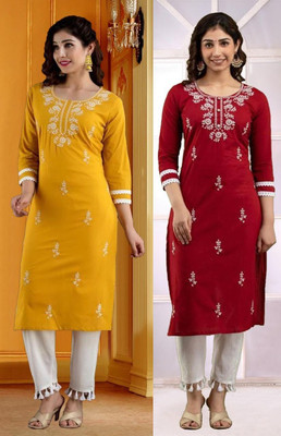 vikshi Women Chikan Embroidery Straight Kurta(Multicolor)