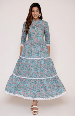 GREYSHADE Women Floral Print Flared Kurta(Light Blue)