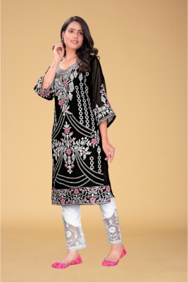 snizvi Women Floral Print Straight Kurta(Pink, White, Black)