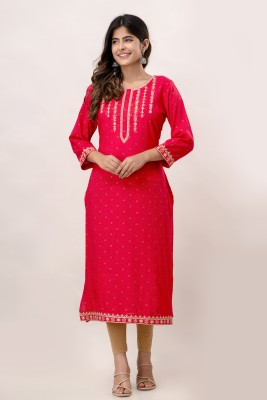 CKM Women Embroidered, Printed Straight Kurta(Pink)