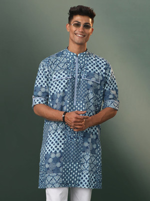 VASTRAMAY Men Printed Straight Kurta(Blue)