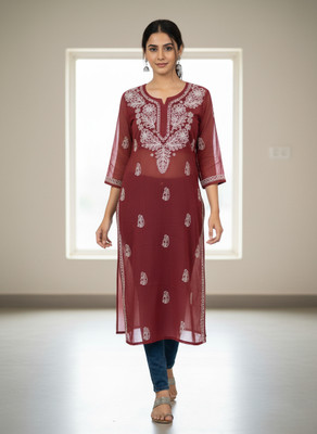 BANSII DHUN Women Embroidered Straight Kurta(Maroon)