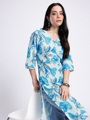 Anouk Rustic Women Floral Print Straight Kurta(Blue, White)