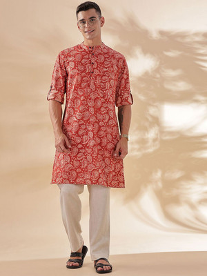 ANOUK Men Paisley Straight Kurta(Brown)
