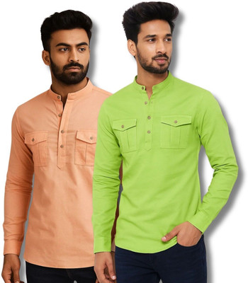 VIMASUTI Men Solid Straight Kurta(Orange, Light Green)