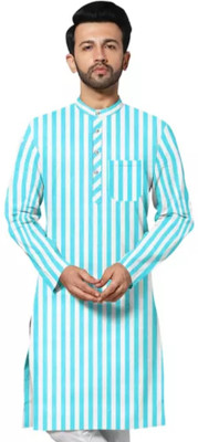 LCKY COLLECTIONS Men Striped A-line Kurta(Light Blue, White)