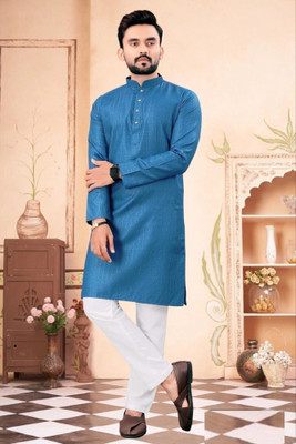 TAMMU Men Self Design Straight Kurta(Blue)