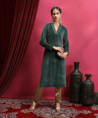 Vishudh Women Self Design Straight Kurta(Dark Green)