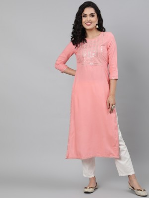 Gulmohar Jaipur Women Embroidered Straight Kurta(Pink)