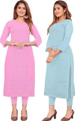 KAYRAAH Women Chikan Embroidery Straight Kurta(Pink, Blue)
