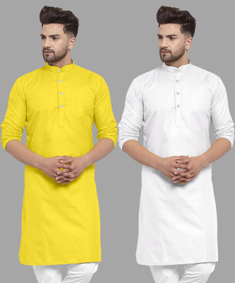 UDANIENTERPRISE Men Solid Straight Kurta(White, Yellow)
