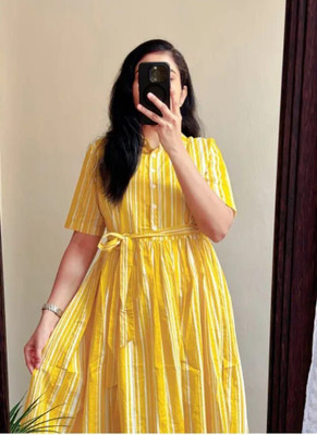 SANGANERWALAA Women Striped Flared Kurta(Yellow)