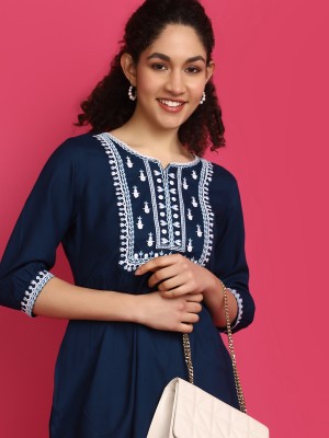 V-MART Women Embroidered A-line Kurta(Blue)