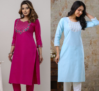AuzaSho Collection Women Embroidered Straight Kurta(Pink, Light Blue)