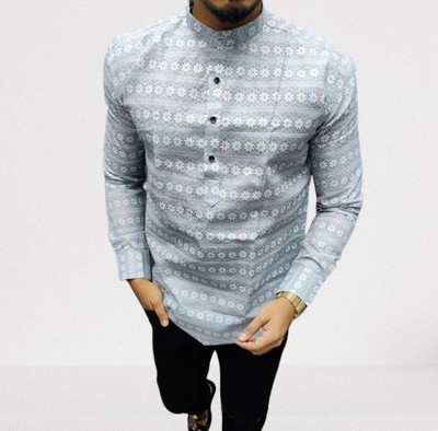 DC CREATION Printed Men Mandarin Collar Grey T-Shirt